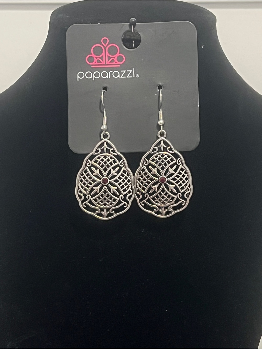 Paparazzi Silver Filigree Teardrop Earrings with Red Center